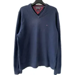 S Tommy Hilfiger トミーヒルフィガー Tシャツ 長袖Tシャツ Vネック コットン カシミア コットン ネイビ 無地