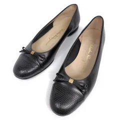 Salvatore Ferragamo フェラガモ フラットシューズ 7C パンプス ローファー リボン リザード切替 ローヒール 黒