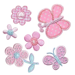 【即日発送】手帳 手袋 浴衣 衣類 6枚セット 飾り 小さいサイズ 補修 パッチ 幼稚園 保育園 女の子 男の子 装飾 カワイイ おしゃれ モチーフ 蝶 花 フラワー DIY服 アップリケ MUNCVY アイロン刺繍 ワッペン