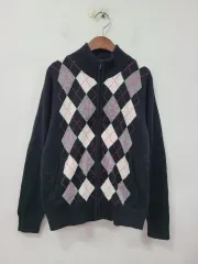 OPST アーガイル パータン ブラック ニット ジップアップ カーディガン
