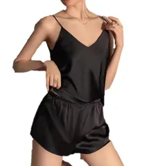 [ALL DAY Shining] ルームウェア キャミソール ショートパンツ シンプル セットアップ 2点セット カジュアル インナースタイル 部屋着 着心地 レディース (JP, アルファベット, L, ブラック) [ブラック] [L]