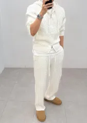 FW新作) ケーブル編み ニット フードジップアップ セット 3color M L