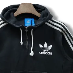95 adidas(アディダス) ブラック & ホワイト トレフォイル ハーフジップ フレンチテリー フード付きTシャツ