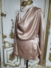 サテン ドレープ ブラウス ピンク ベージュ