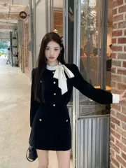 リボンダブレットコットンボールジャケット ハイウエストミニスカート