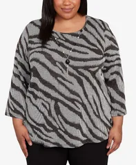 アルフレッド ダナー レディース トップス シャツ プラスサイズ レース Alfred Dunner Plus Size Jet Setter Animal Houndstooth Top with Necklace Black ブラック