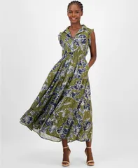 アンクライン レディース トップス ワンピース シャツワンピース フラワー柄 プラスサイズ プリント シャツ シャーリング フラワー Anne Klein Plus Size FloralPrint Smocked Shirtdress Hunter Oliv