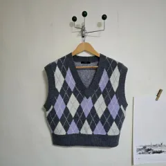 レディース TOPTEN10 トップテン10 アーガイル CHECK Vネック クロップド ニット ベスト 85