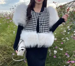 バイカラー半袖 제비 CHECK ファー ジャケット