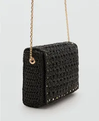 マンゴ レディース バッグ ハンドバッグ MANGO Womens Studs Natural Fiber Shoulder Bag Black ブラック
