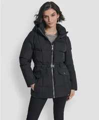 ダナ キャラン ニューヨーク レディース アウター ジャケット・ブルゾン コート DKNY Womens Belted Hooded Puffer Coat Black ブラックのサムネイル