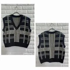 オーバーサイズ Vネック ブラック CHECK ニットベスト