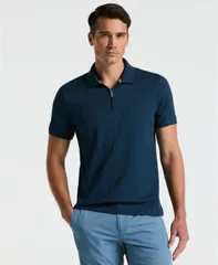 ペリーエリス メンズ トップス ポロシャツ リブ シャツ ニット Perry Ellis Mens SlimFit RibbedKnit 14Zip Polo Shirt Moonlight Oceaのサムネイル