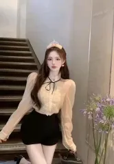 クロップド シースルー レース フリル ブラウス リボン バイカラー オーガンジー