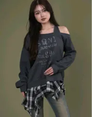 オフショルダー チェック レイヤード スウェット