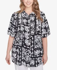 ルビーアールディー レディース トップス シャツ プラスサイズ パッチワーク Ruby Rd Plus Size Lotus Patchwork Button Front Camp Shirt BlackWhite ホワイト