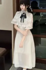 レース 長袖 ONE PIECE ハイウエスト ドレス ロング丈