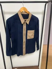 ネイビー スウェード バイカラー ジップアップ ジャケット 212