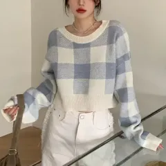新品 チェックパターン クロップド ニット