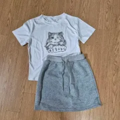 猫 プリンティング 半袖T + グレー スカート セット