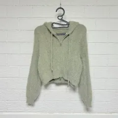 1514 ライトグリーン アンゴラ クロップド ツーウェイ フードジップアップ カーディガン
