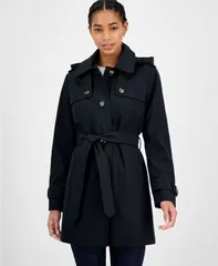 ロンドンフォグ レディース アウター ジャケット・ブルゾン コート London Fog Womens Hooded Belted ZipFront Raincoat Black ブラックのサムネイル