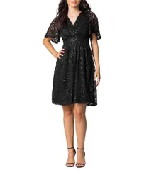 キヨナ レディース トップス ワンピース Vネック スパンコール レース Kiyonna Womens Starry Sequin Lace VNeck Cocktail Dress with Pockets Onyx