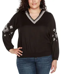 ベルディーニ レディース トップス シャツ Vネック プラスサイズ 刺繍 ブラウス Belldini Black Label Plus Size Embroidered Blouson Sleeve VNeck Blouse Black ブラック