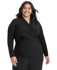 ダナ キャラン ニューヨーク レディース トップス シャツ プラスサイズ 長袖 DKNY Plus Size LongSleeve FauxWrap Top Black ブラックのサムネイル