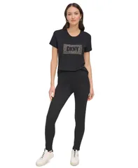 ダナ キャラン ニューヨーク レディース トップス シャツ クルーネック 半袖 ロゴ DKNY Womens StuddedLogo Crewneck ShortSleeve Top Black ブラのサムネイル