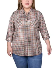 ニューヨークコレクション レディース トップス シャツ プラスサイズ NY Collection Plus Size Long Sleeve Button Front Tunic Top Tan Plaid タン