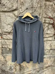 90s Tommy Hilfiger ロングスリーブ フーディー フードTシャツ グレー XL