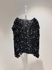 ZARA ブラック フラワー シャーリング ブラウス Lサイズ