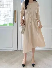 ハイクオリティ ニット GOLD ボタン ロング丈ワンピース 2COLOR