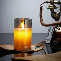 【在庫処分】LEDキャンドルライト ロウソク 【USB充電式】 本物の炎のようにゆらめく 暖色光 火を使わない ゆらゆら揺れる 安全 省エネ 専用リモコン付き 明るさ調整 充電式 LEDキャンドル ガラス （直径7.5cm×高さ10cm） (グレー)