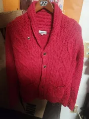 SHIPS ケーブル編み ニット カーディガン レッド ウール 100% ヴィンテージ ほぼ新品