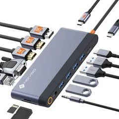 新品 NOVOO 14-in-1 USB-C HDMI ハブ 8K@30Hz 4画面モード デュアル 4K@60Hz 40cm延長ケーブル 収納型 ドッキングステーション【DP+2 HDMI+VGA+4 USB+USB C 5Gbps+PD 100W急速充電+