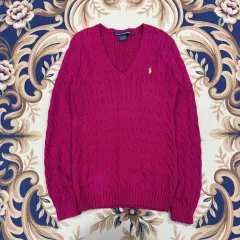 (ウィメンズL)POLO RALPH LAUREN ポロラルフローレン コットン Vネック ケーブルニット (ピンク)