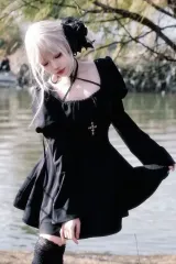 ゴシック ダーク ロング スリーブ リボン 紐 ウェスト フィット ONE PIECE
