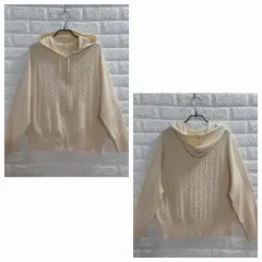 アイボリー ケーブル編み ニット フードジップアップ