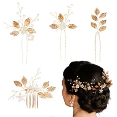 成人式 卒業式 結婚式 撮影 木の葉モチーフ 入学式 花 ヘアピン パーティー ヘッドドレス ウェディングヘッドドレス Uピン 和装用 ヘアアクセサリー 4本セット (金色) 髪飾り パール