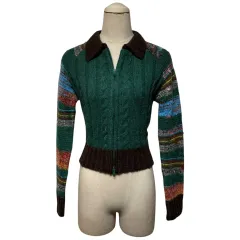 3669 グリーン エスニック パータン クロップド ケーブル編み ニットジップアップ 新品