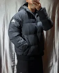 L アディダス 3本線ロゴ ブラック フーディ ダウン