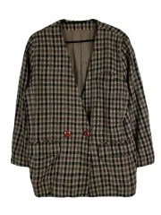 L JPN チェック柄 ウール混 ノンカラ ブレザージャケット