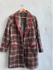 CHECK パータン ウール コート ブラウン レッド バイカラー