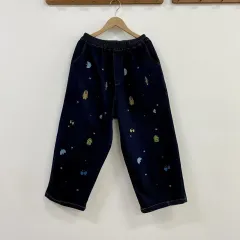 起毛 刺繍 ワイド デニム パンツ