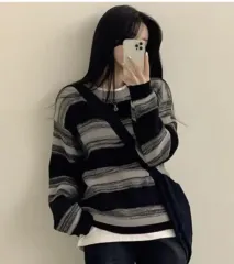 ストライプニット ブラック/グレー ルーズフィット