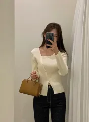 スクエアネック 斜めボーダー ボタン カーディガン 出品