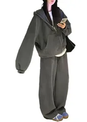 [ReiLuana] スウェット レディース セット アップ 上下 ジップ パーカー ワイド パンツ ジャージ ゆったり (JP, アルファベット, XL, グレー) [グレー] [XL]