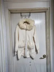 ファー ボルドー冬ニットジャケット ニットコート フード付きニットジャケット 冬フードジャケット アイボリー free